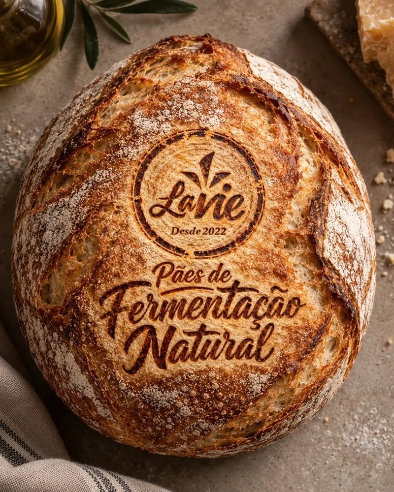 Pão Lavie de casca dourada sobre a mesa, com azeite e queijo ao lado